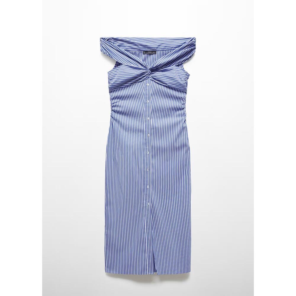 MANGO Blue White Striped Off Shoulder Midi Dress NWT Cotton Button Front - Picture 16 of 16